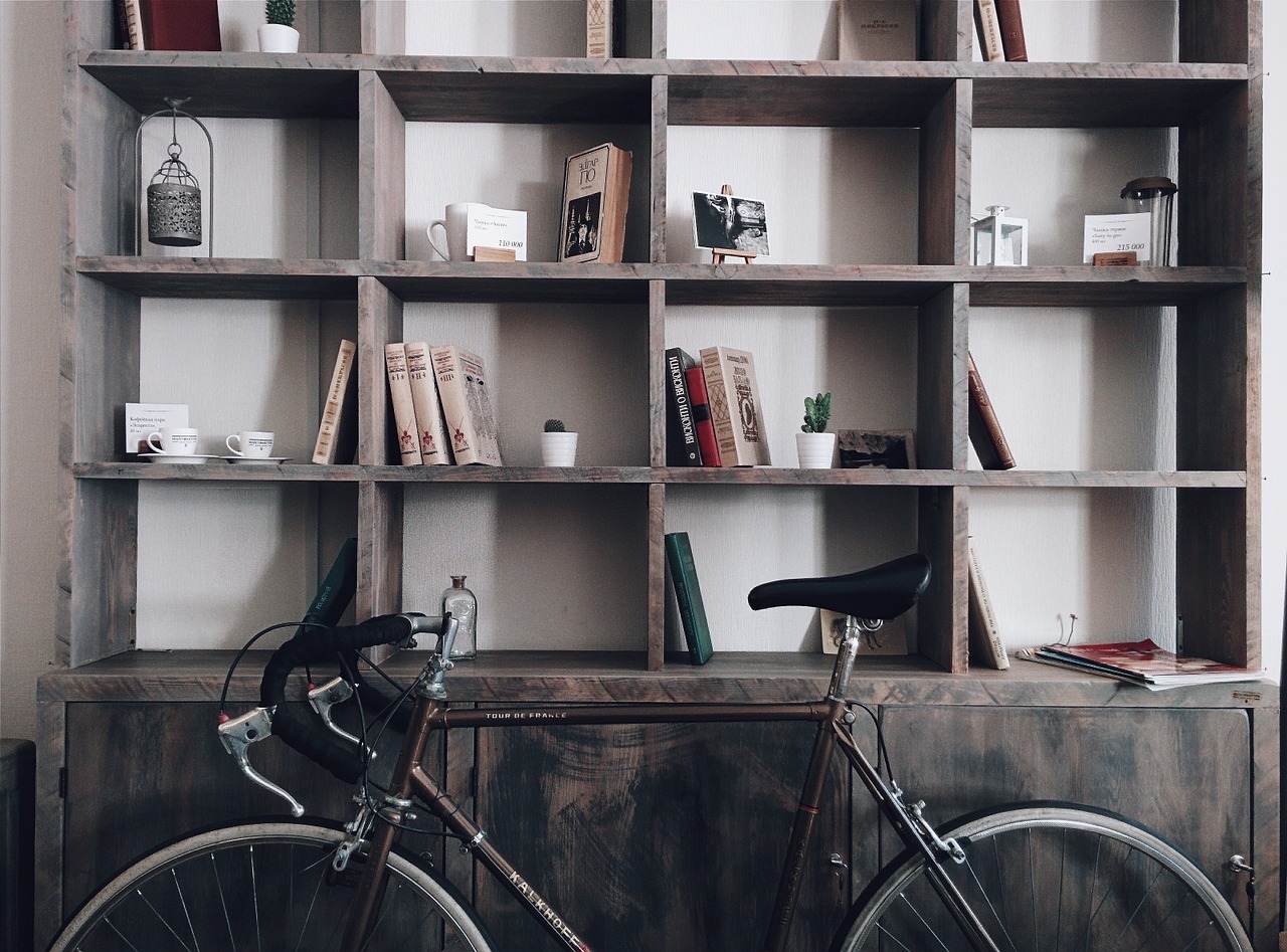 bookshelf and a bike