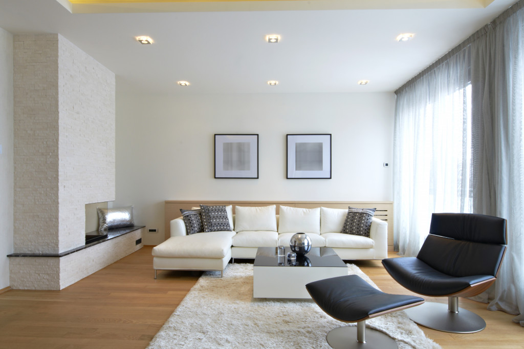 a minimalist modern white and gray living room