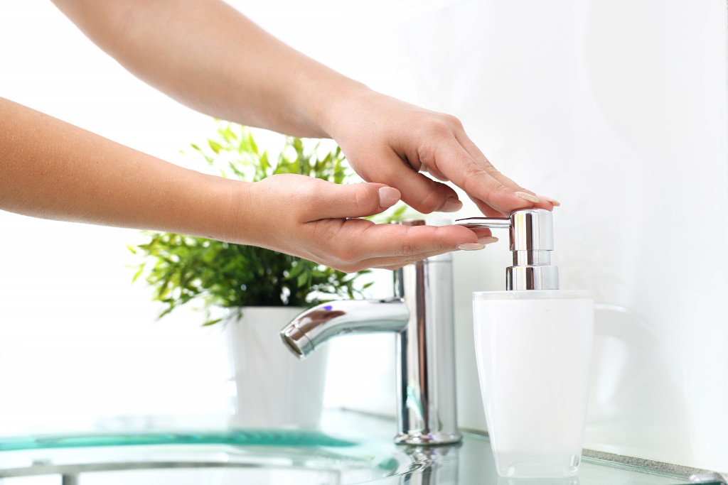 soap dispenser with plant in bathroom sink