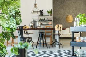 A dining room with an industrial interior design